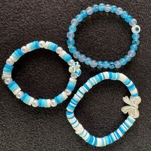Handmade Blue White Hibiscus Evil Eye Bow 3 Bracelet Set
